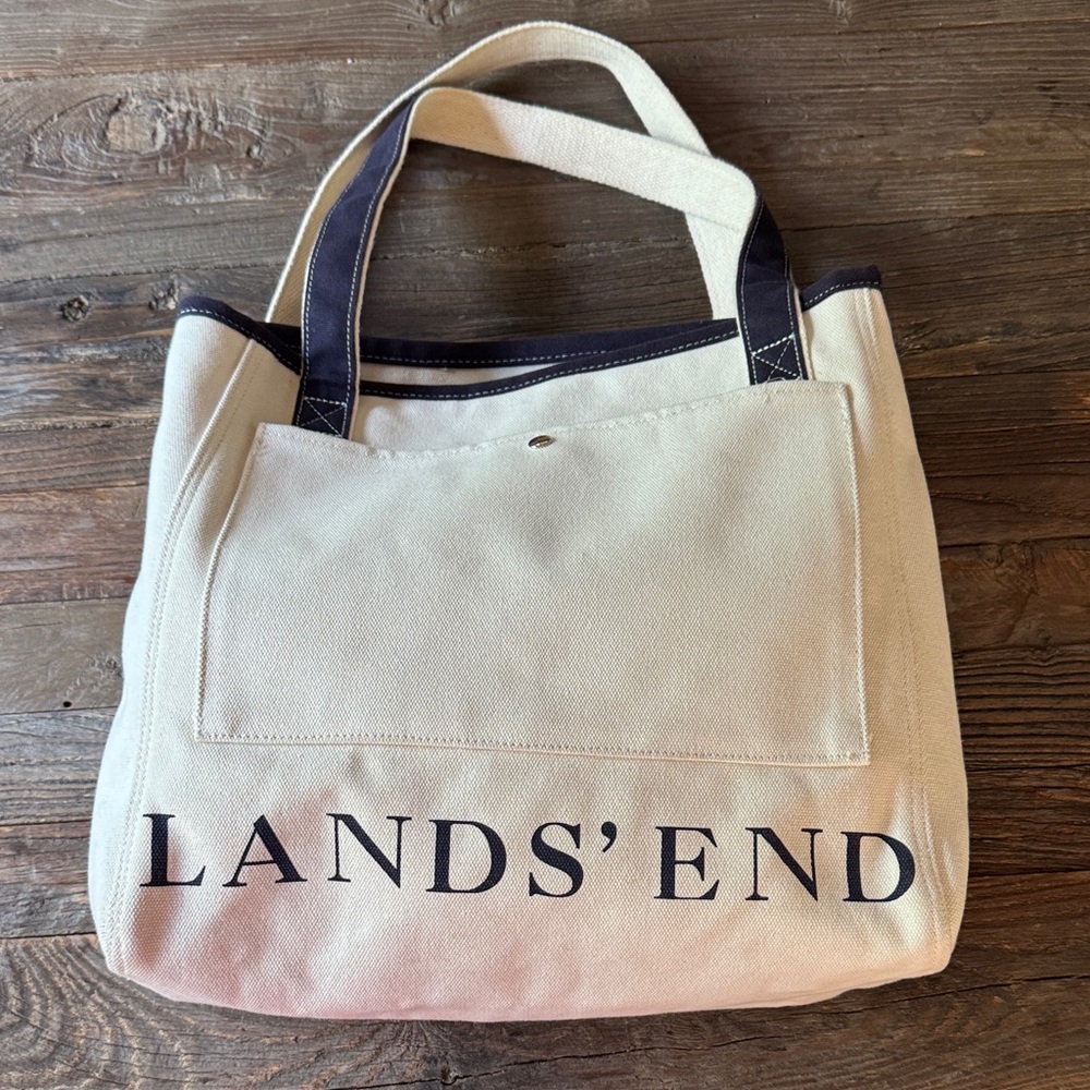 Lands End navy and cream cotton canvas classic tote